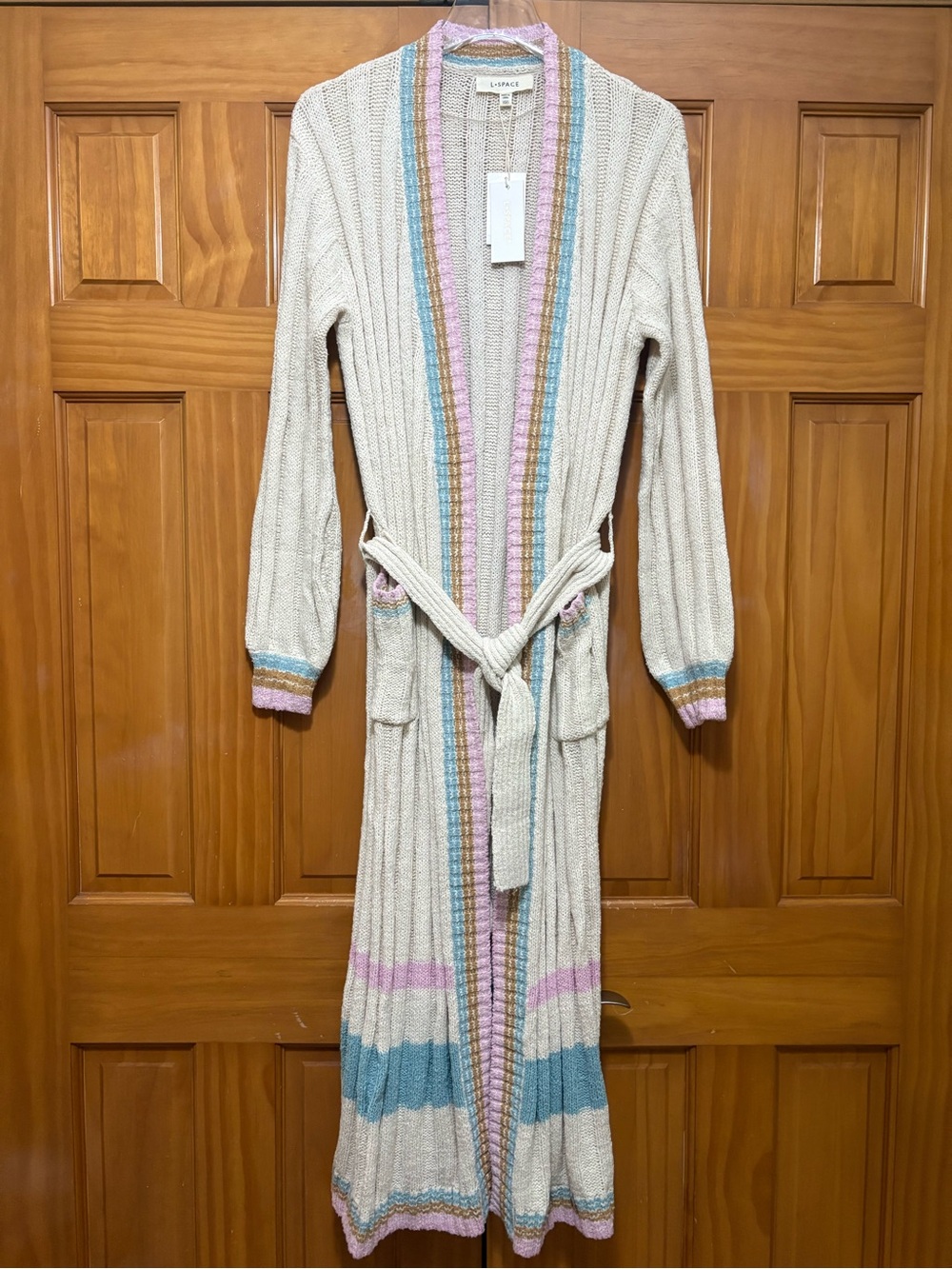 l*space Cream Long Ribbed Belted Cardigan with Blue & Pastel Pink Trim XS/S NWT